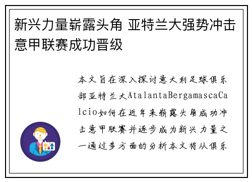 新兴力量崭露头角 亚特兰大强势冲击意甲联赛成功晋级