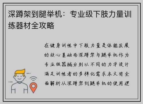 深蹲架到腿举机：专业级下肢力量训练器材全攻略