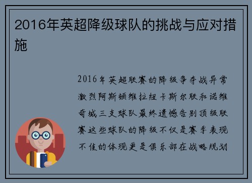 2016年英超降级球队的挑战与应对措施