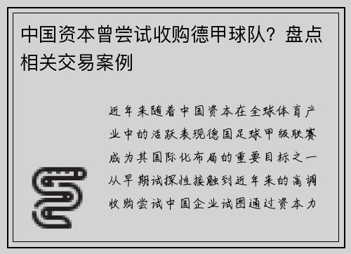 中国资本曾尝试收购德甲球队？盘点相关交易案例