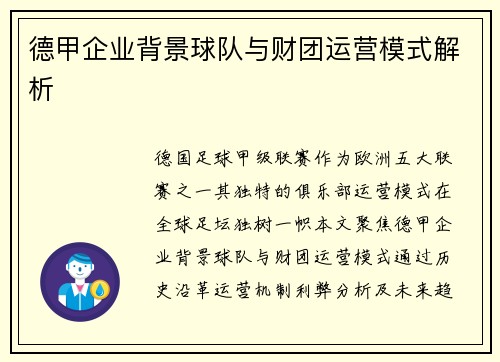 德甲企业背景球队与财团运营模式解析