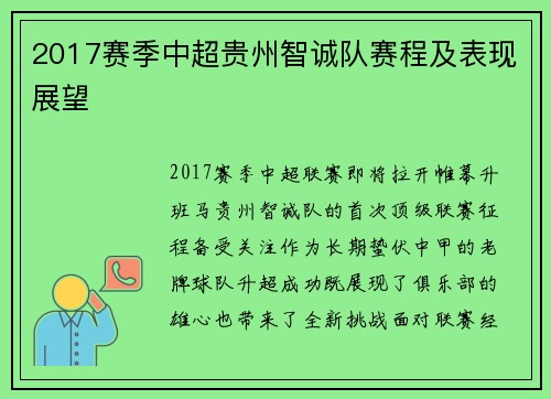 2017赛季中超贵州智诚队赛程及表现展望